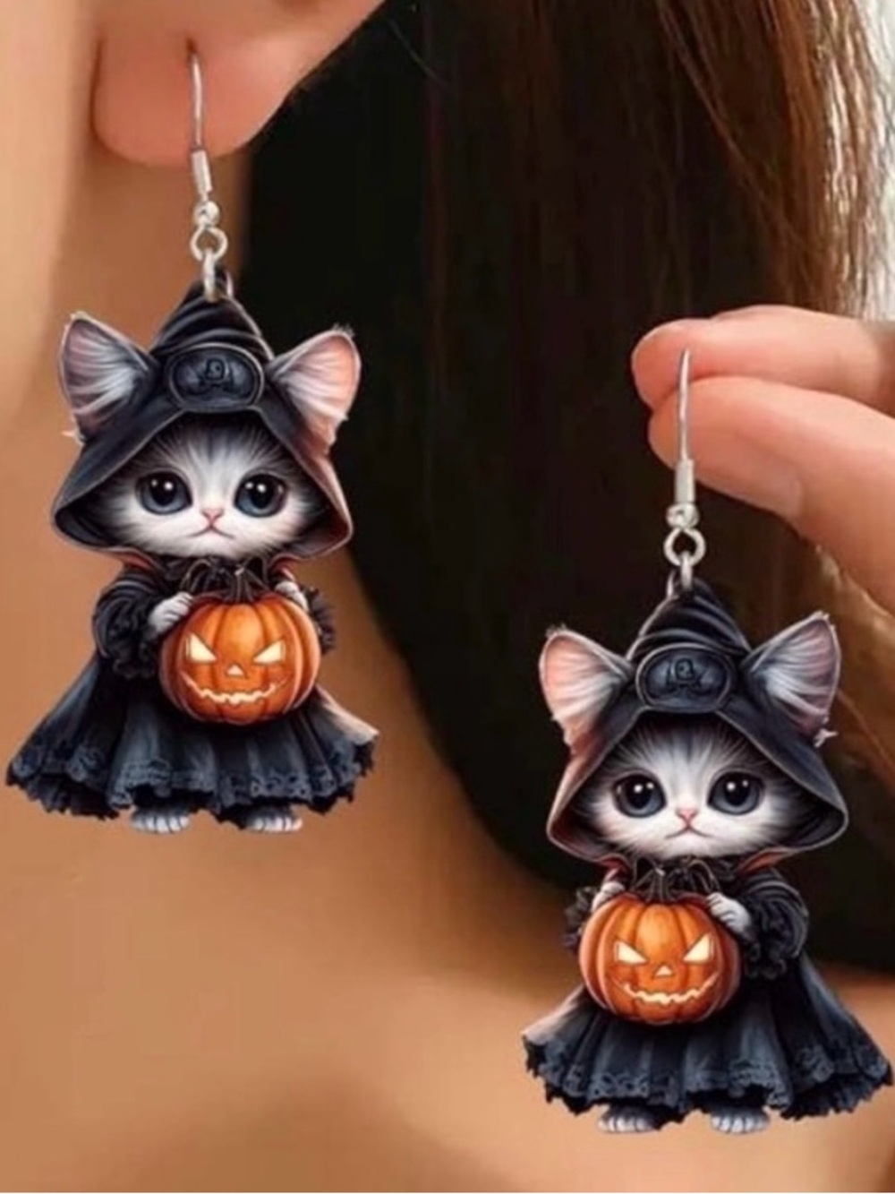 💞 New Halloween Kitty Cat Witch with Pumpkin Dangle Earrings